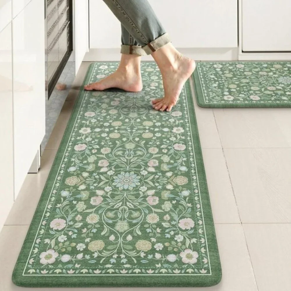 New 2Pcs Cushioned Kitchen Mats, Non-Slip Floral Anti-Fatigue Rugs in Green